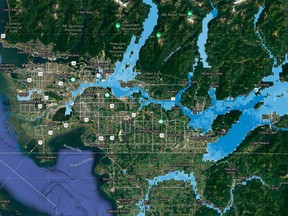 A floodplain map view of southwestern B.C. depicting possible flood levels in the period 2061 to 2100. The research compares multiple climate-change scenarios.