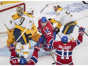Canadiens' Artturi Lehkonen (62) reacts after scoring against the Nashville Predators during first period NHL hockey action in Montreal on Saturday, Nov. 20, 2021.