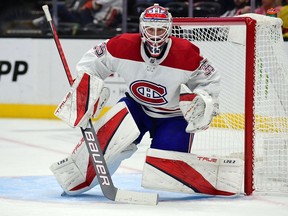 Canadiens goalie Sam Montembeault has a 1-3-1 record this season with a 3.58 goals-against average and a .897 save percentage.