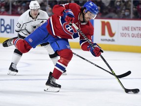 Montreal Canadiens defenceman Ben Chiarot shoots on the Los Angeles Kings' net during the first period at the Bell Centre on Nov. 9, 2021.