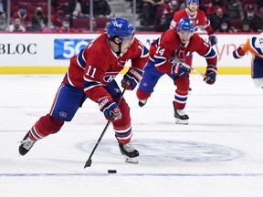 Canadiens forwards Brendan Gallagher (11) and Nick Suzuki (14) will both be game-time decisions for Saturday night’s game against the Vegas Golden Knights at the Bell Centre.
