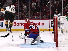 Vegas Golden Knights defenceman Alex Pietrangelo (7) (not pictured) scores a goal against Canadiens goaltender Jake Allen and centre Nicolas Roy (10) during the second period at the Bell Centre on Saturday, Nov. 6, 2021, in Montreal.