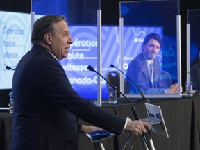 Quebec Premier François Legault and Prime Minister Justin Trudeau announce a plan in March 2021 to get high-speed internet to Quebec's regions.