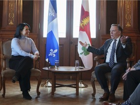Quebec Premier François Legault and Montreal Mayor Valérie Plante meet in Montreal on Monday, Nov. 22, 2021.