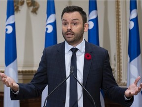 Parti Québécois leader Paul St-Pierre Plamondon responds to reporters questions on Nov. 9, 2021 at the legislature in Quebec City. During the PQ convention on Saturday, Dec. 4, 2021, in Trois-Rivières, he said: "It's a convention of candidates and ideas which are real and I think it will reach a good part of the population."
