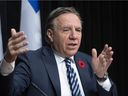 Quebec Premier François Legault answers questions from journalists at a press conference on Tuesday, November 9, 2021, at the Quebec City legislature.