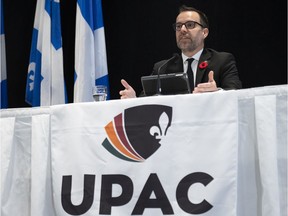 UPAC Commissioner Frederick Gaudreau defends the anti-corruption unit as he presents his annual reports, during a news conference, Tuesday, Nov. 9, 2021  in Quebec City.