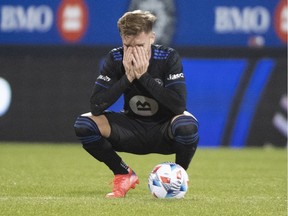 CF Montréal's Djordje Mihailovic reacts after Orlando City scored a goal during second half MLS soccer action in Montreal on Sunday, Nov. 7, 2021.
