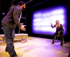 Matthew Kabwe and Adrianne Richards rehearse Mob in March 2020, before the pandemic forced an end to the white-knuckle thriller’s run. They returned to Centaur Theatre for this year’s revival.