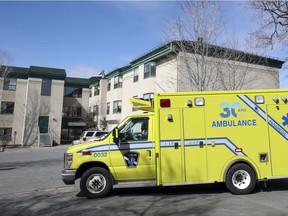 Paramedics drive away from CHSLD Herron after picking up a resident April 8, 2020.