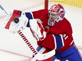 Montreal Canadiens Carey Price makes a blocker save during third period of Stanley Cup final against the Tampa Bay Lightning in Montreal on July 5, 2021.