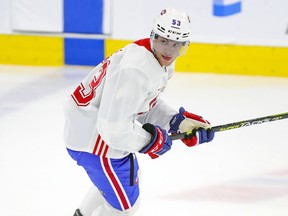 Jan Mysak looks back for a pass during first day of Montreal Canadiens rookie camp at the Bell Sports Complex in Brossard on Sept. 16, 2021.