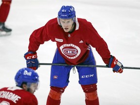Defenceman Kaiden Guhle waits his turn during drills on first day of Montreal Canadiens rookie camp at the Bell Sports Complex in Brossard on Sept. 16, 2021.