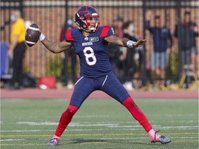 Montreal Alouettes quarterback Vernon Adams Jr. throws a pass during second half against the Ottawa Redblacks in Montreal on Oct. 11, 2021.