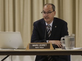 Dorval Mayor Marc Doret speaks during a council meeting held last month.
