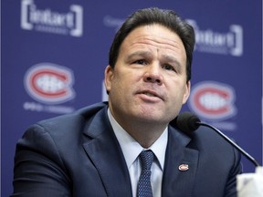 The Montreal Canadiens' new vice-president of hockey operations, Jeff Gorton, speaks to the media in Brossard on Dec. 3, 2021.