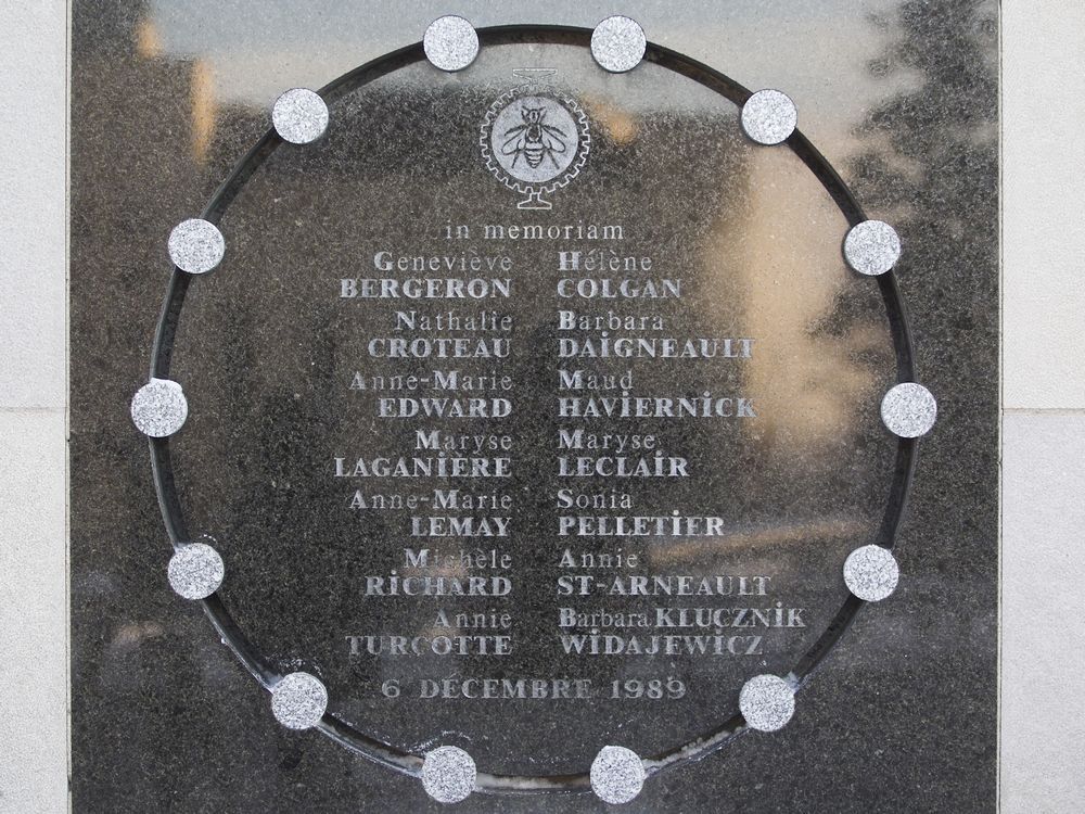  A plaque commemorating the 14 women killed at École Polytechnique is seen on Dec. 6, 2016 on the 27th anniversary of the massacre.