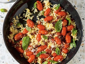 The 100-plus recipes in Devin Connell’s Conveniently Delicious include orzo with cherry tomatoes and pancetta.