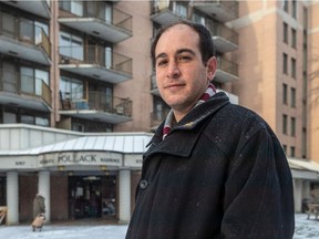 Newly elected Snowdon district city councillor Sonny Moroz (Ensemble Montréal) stands outside a senior's residence in Montreal on Wednesday Dec. 8, 2021 where the manager said they were never contacted by Élections Montréal to serve as a polling place in the past municipal election.