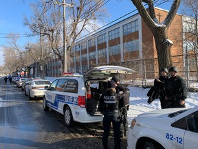 Montreal police were searching for a suspect after a teacher was stabbed at John F. Kennedy High School on Villeray St. on Thursday, Dec. 9, 2021.
