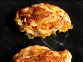 Stuffed chicken breasts with a leek-and-cheese filling, from Macedonia: The Cookbook by Katerina Nitsou.