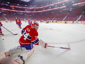Canadiens goalie Jake Allen during warmups in the empty Bell Centre prior to their game against the Philadelphia Flyers in Montreal on Dec. 16, 2021.