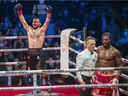 Artur Beterbiev celebrates as referee Michael Griffin stops his fight with Marcus Browne during their light-heavyweight title fight at the Bell Centre in Montreal Saturday December 18, 2021. Beterviev won on a knockout. 