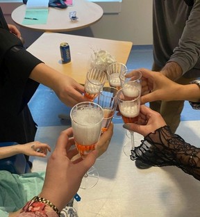 A toast with alcohol-free champagne on December 25 in a family room at the McGill University Health Center, following the wedding of Kelly Bédard and Daves Lachance.