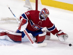 Montreal Canadiens goaltender Carey Price makes a save against the Winnipeg Jets during playoff action in Montreal on June 6, 2021.