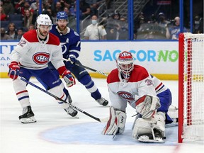 Sam Montembeault of the Montreal Canadiens lets in the game-winning goal in overtime against the Tampa Bay Lightning at the Amalie Arena in Tampa on Dec. 28, 2021.