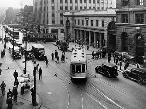 Craig St. tramway terminus at what is now St-Antoine and St-Urbain Sts., circa 1932.