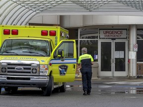An ambulance parked outside the emergency department at the Lakeshore General Hospital.