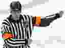Referee Dave Jackson calls a hooking penalty during a playoff  game between the New York Rangers and the New Jersey Devils on April 11, 2008, at the Prudential Center in Newark, N.J.
