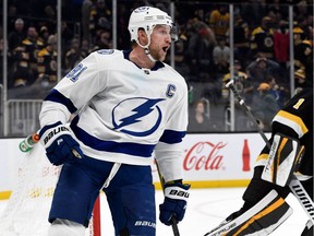 Lightning's Steven Stamkos reacts after scoring the winning goal against Bruins goaltender Jeremy Swayman this month. Stamkos leads his team in scoring with 14-21-35 totals.