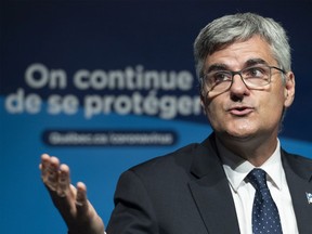 Quebec Minister for Government Digital Transformation Eric Caire speaks during a news conference in Montreal, on Aug. 24, 2021.