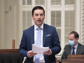 Quebec Justice Minister Simon Jolin-Barrette, responsible for French language, presents legislation to modify the language law, Thursday, May 13, 2021 at the legislature in Quebec City.