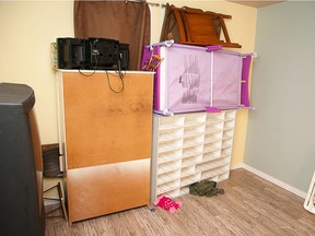 A photo presented in court during the murder trial of the Granby girl's stepmother. The woman stacked the furniture in the girl's room to block a window, in order to prevent her from running away from home again. The seven-year-old girl died in April 2019 after being restrained with tape. The furniture was found this way when ambulance technicians and police arrived.