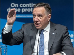 Quebec Premier François Legault at a press conference in Montreal Jan. 13, 2022.