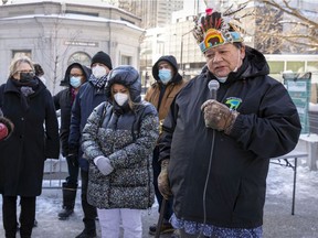 Charlie Patton, an elder from Kahnawake, speaks at a memorial in Cabot Square on Tuesday to mark the one-year anniversary of the death of Raphaël "Napa" André.