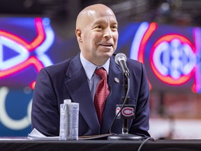 Kent Hughes answers questions at a news conference introducing him as the Montreal Canadiens' new general manager at the Bell Centre in Montreal on Jan. 19, 2022.