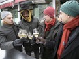 Members of the pop up restaurant Cinquième Vague celebrate as they look at their new outdoor terrace project at Kamúy restaurant on Place des Festival on Wednesday Jan. 19, 2022. From left are: Massimo Piedimonte, Paul Toussaint, Xavier Richard-Paquet and Joris Gutierrez-Garcia.