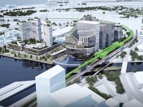Artist's conception of the Peel Basin project proposed by real-estate developer Devimco, with a proposed REM station highlighted in green.