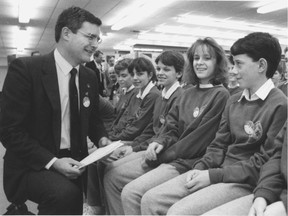 Then-astronaut Marc Garneau chats with students at Pierre-Brosseau high school during a visit in January 1989 to mark the school's planned introduction of a course on space travel.