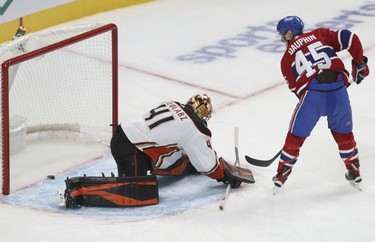 Montreal Canadiens' Laurent Dauphin (45) scores on penalty shot on Anaheim Ducks goaltender Anthony Stolarz during third period in Montreal on Thursday, Jan. 27, 2022.