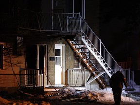 An apartment building on Briggs St. in Longueuil after an explosion caused a fire there on Monday, Jan. 31, 2022.