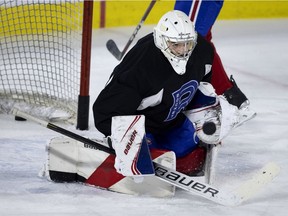 Laval Rocket goalie Louis-Philip Guindon during team practice in Laval on Monday, Jan. 31, 2022.