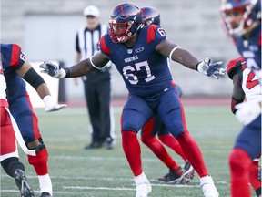 Montreal Alouettes offensive-lineman Tony Washington looks to make a block during game against the Calgary Stampeders in Montreal on Oct. 5, 2019.