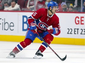 Montreal Canadiens' Ryan Poehling follows the play during third period against the Pittsburgh Penguins in Montreal on Nov. 18, 2021.