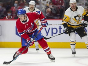 Canadiens' Brendan Gallagher takes a shot against the Pittsburgh Penguins in Montreal on Nov. 18, 2021.