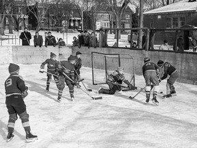 An outdoor hockey game in Notre-Dame-de-Grâce in 1957.